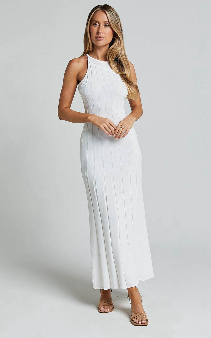 Showpo Lana Midi Dress - Racer Knitted Rib Dress Ivory | UYOJLD694