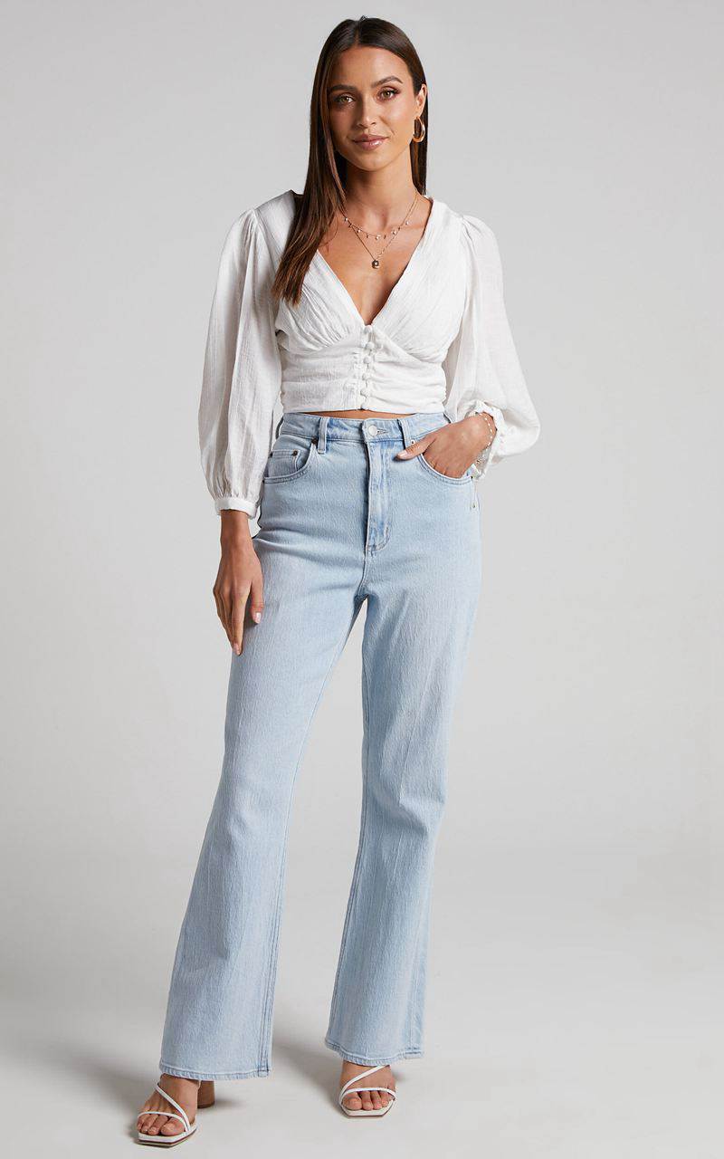 Showpo Lancey Top - Long Sleeve Plunge Crop Top White | NBPZWC468