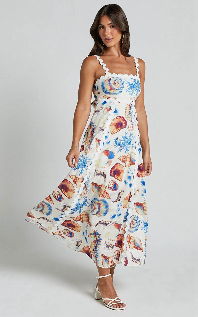 Showpo Lani Maxi Dress - Wavy Strap And Neck A Line Dress Blue And Yellow Print | NXJPWF037