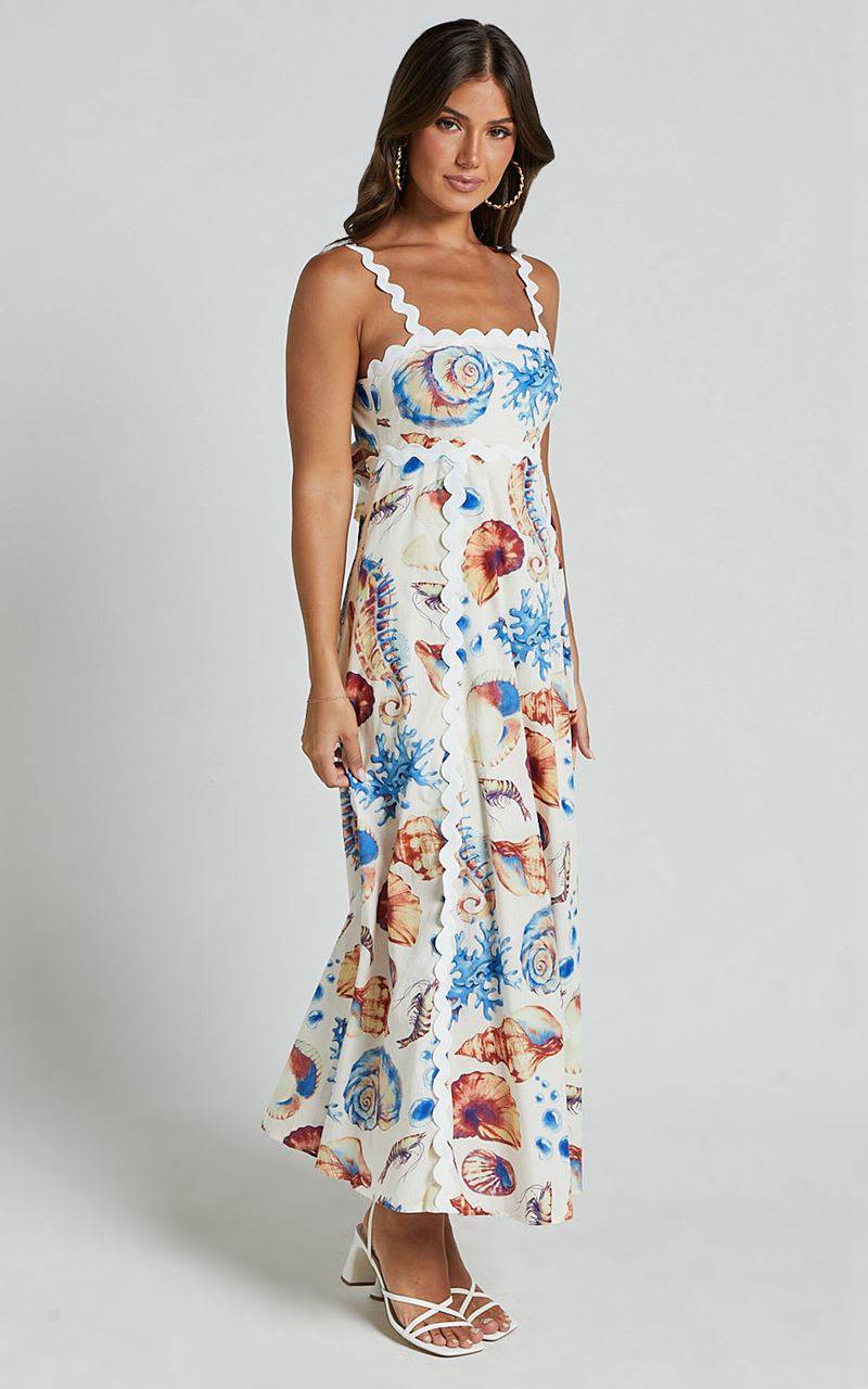 Showpo Lani Maxi Dress - Wavy Strap And Neck A Line Dress Blue And Yellow Print | NXJPWF037