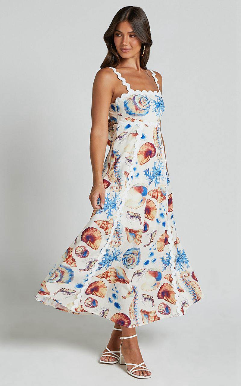 Showpo Lani Maxi Dress - Wavy Strap And Neck A Line Dress Blue And Yellow Print | NXJPWF037