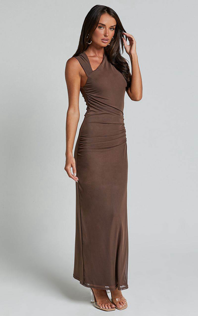 Showpo Lara Midi Dress - Asymmetrical Ruched Mesh Dress Chocolate | ZGTEKO906