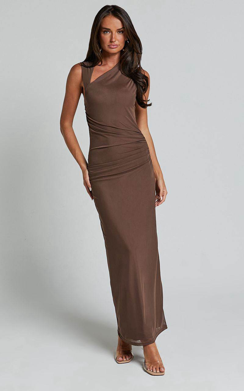 Showpo Lara Midi Dress - Asymmetrical Ruched Mesh Dress Chocolate | ZGTEKO906