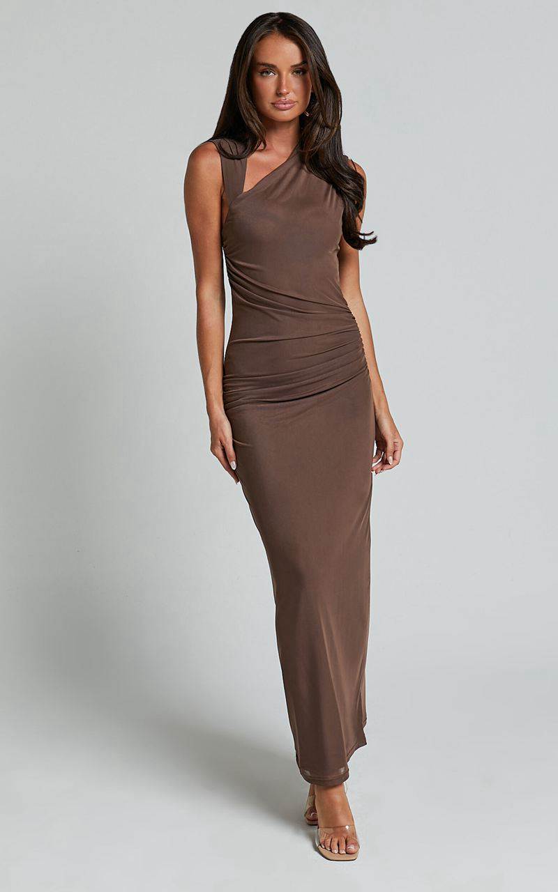 Showpo Lara Midi Dress - Asymmetrical Ruched Mesh Dress Chocolate | ZGTEKO906