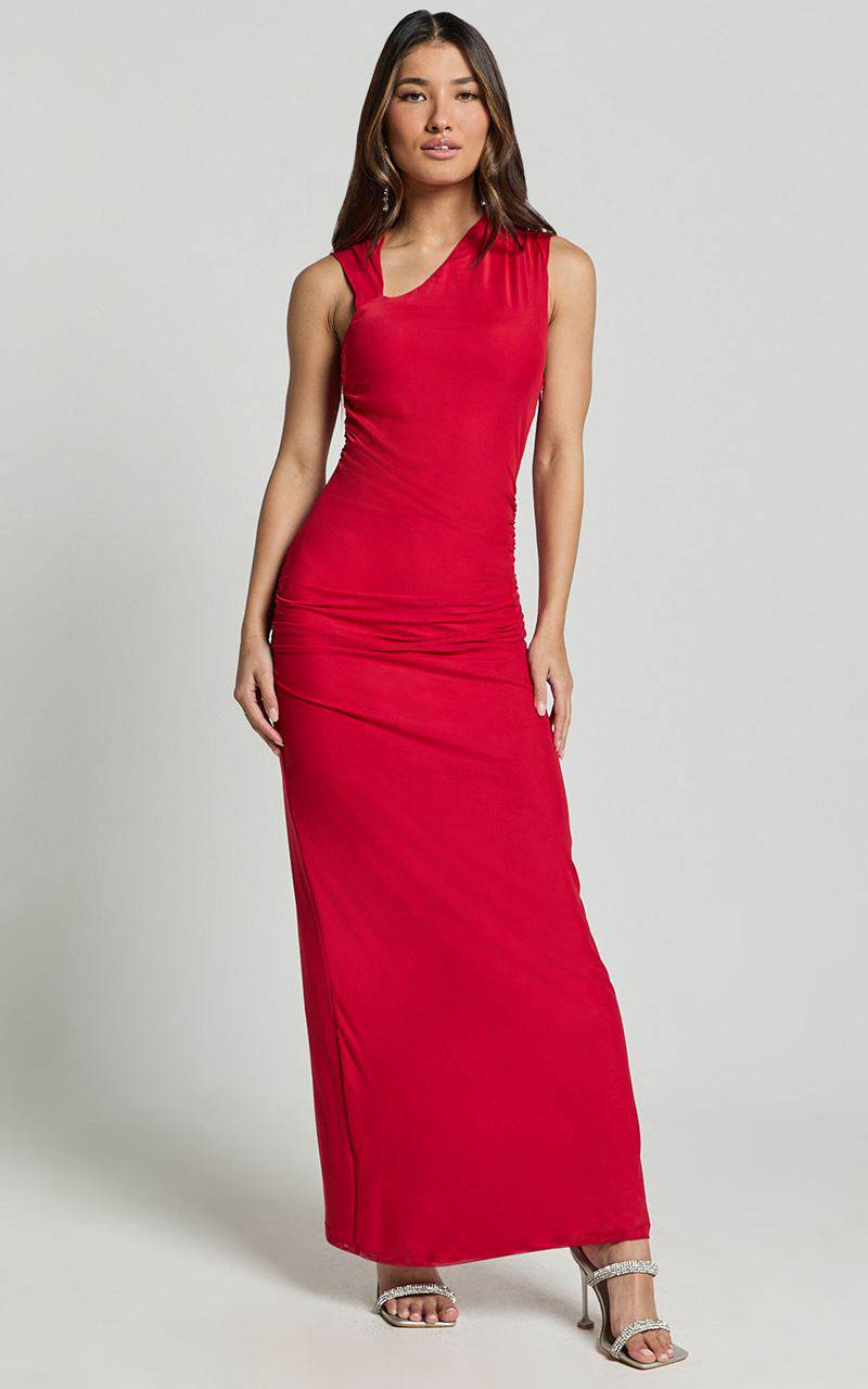 Showpo Lara Midi Dress - Asymmetrical Ruched Mesh Dress Red | CJPMAR728