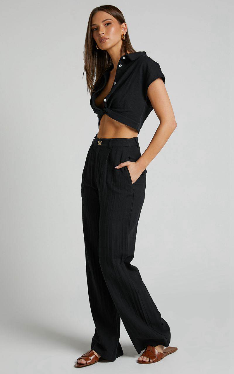 Showpo Larissa Trousers - Linen Look Mid Waisted Relaxed Straight Leg Trousers Black | QOEFGW085