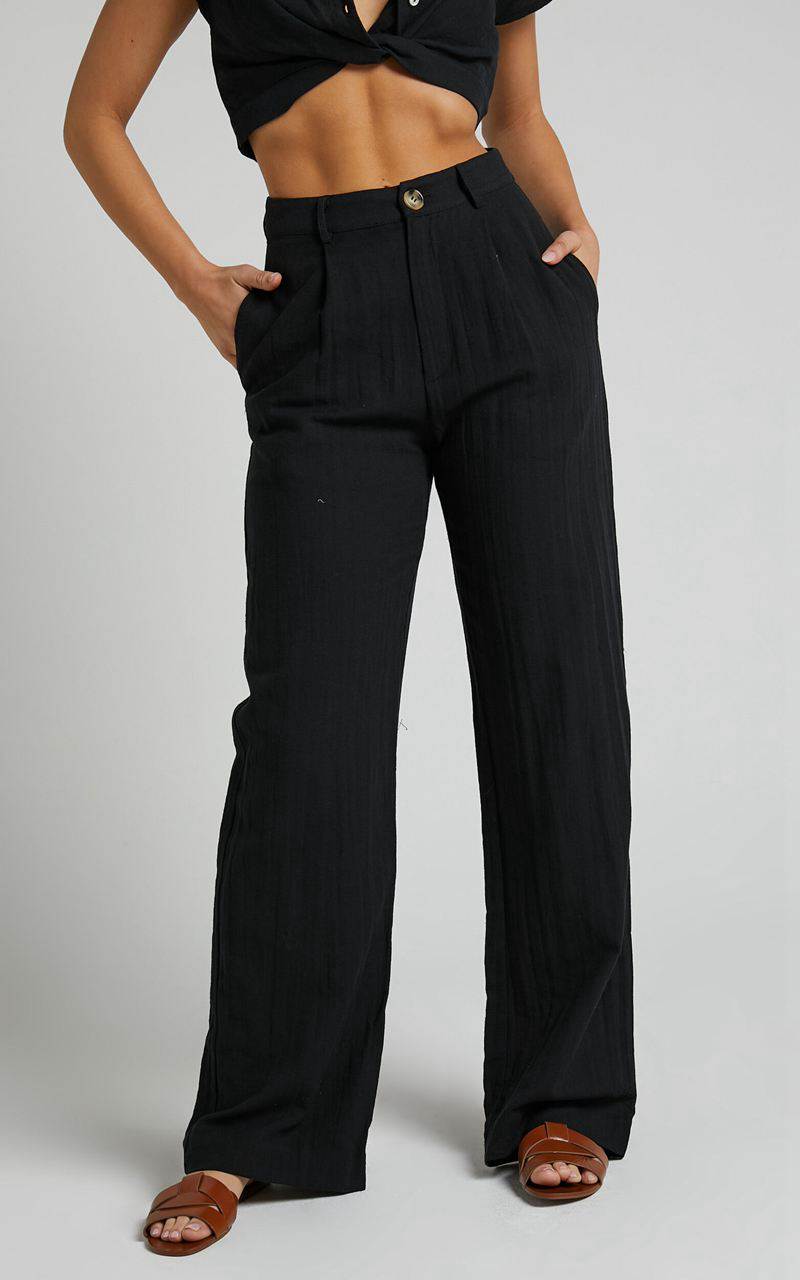 Showpo Larissa Trousers - Linen Look Mid Waisted Relaxed Straight Leg Trousers Black | QOEFGW085