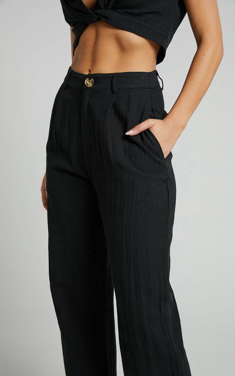 Showpo Larissa Trousers - Linen Look Mid Waisted Relaxed Straight Leg Trousers Black | QOEFGW085