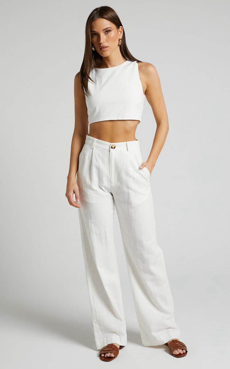 Showpo Larissa Trousers - Linen Look Mid Waisted Relaxed Straight Leg Trousers White | CJFBQV630