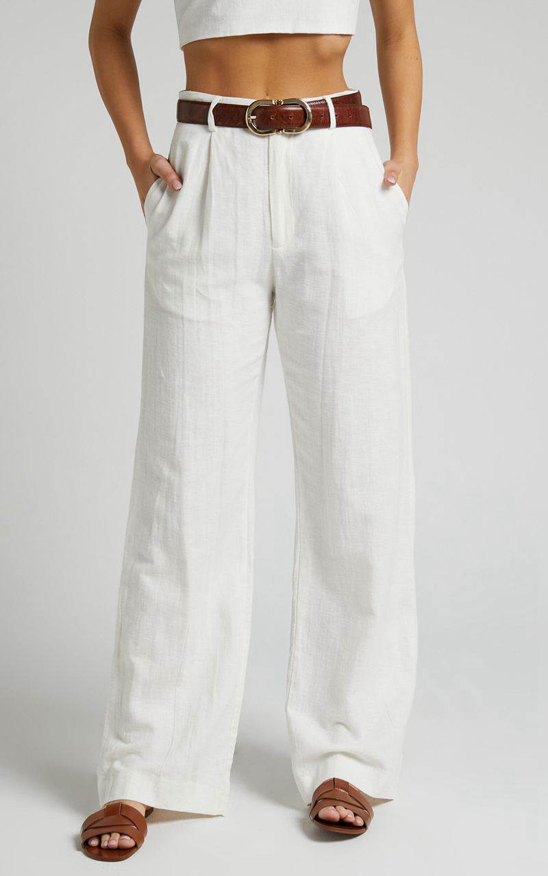 Showpo Larissa Trousers - Linen Look Mid Waisted Relaxed Straight Leg Trousers White | CJFBQV630