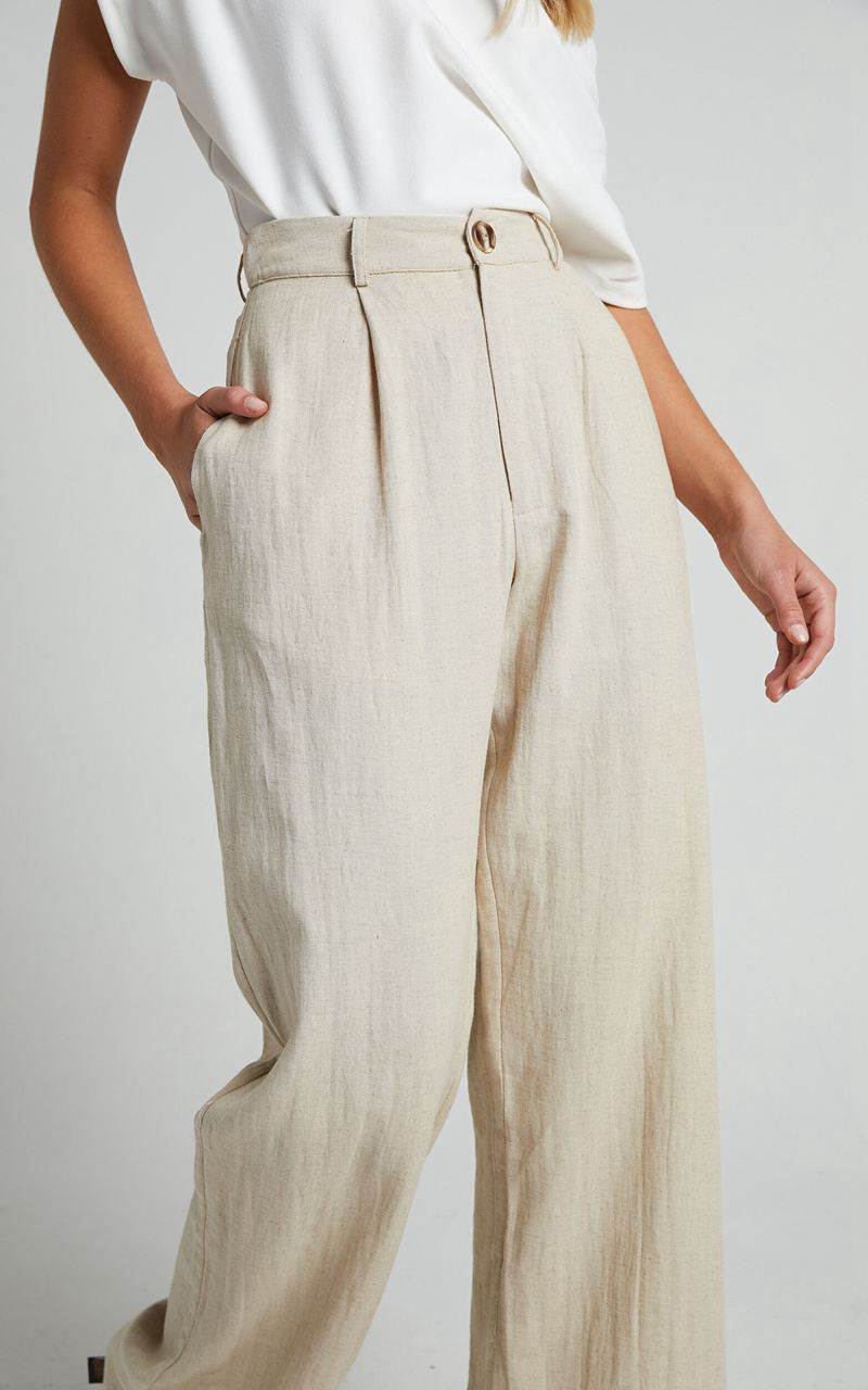 Showpo Larissa Trousers - Linen Look Mid Waisted Relaxed Straight Leg Trousers Oatmeal | CKJQIS146