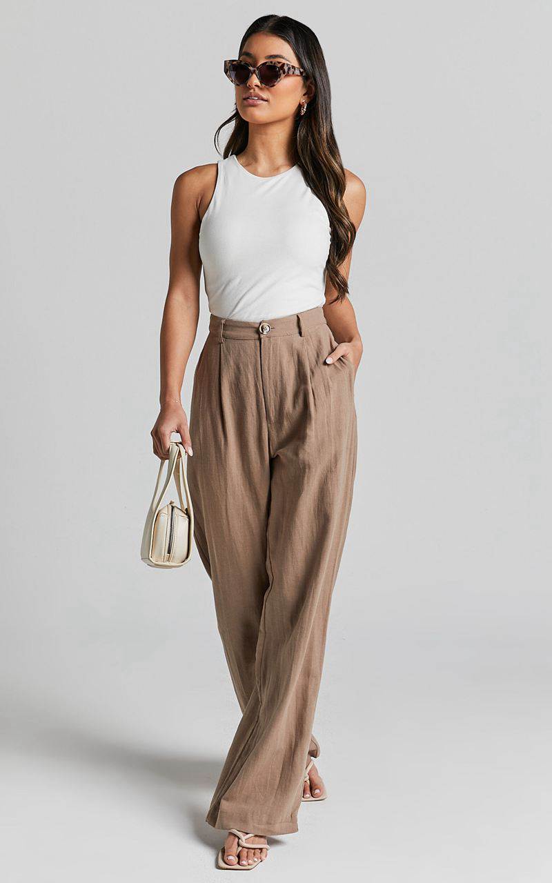 Showpo Larissa Trousers - Linen Look Mid Waisted Relaxed Straight Leg Trousers Mushroom | WEOARV214