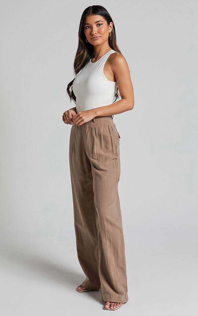 Showpo Larissa Trousers - Linen Look Mid Waisted Relaxed Straight Leg Trousers Mushroom | WEOARV214