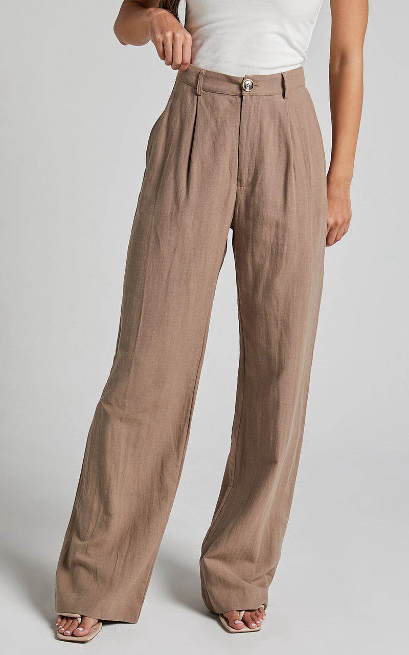 Showpo Larissa Trousers - Linen Look Mid Waisted Relaxed Straight Leg Trousers Mushroom | WEOARV214