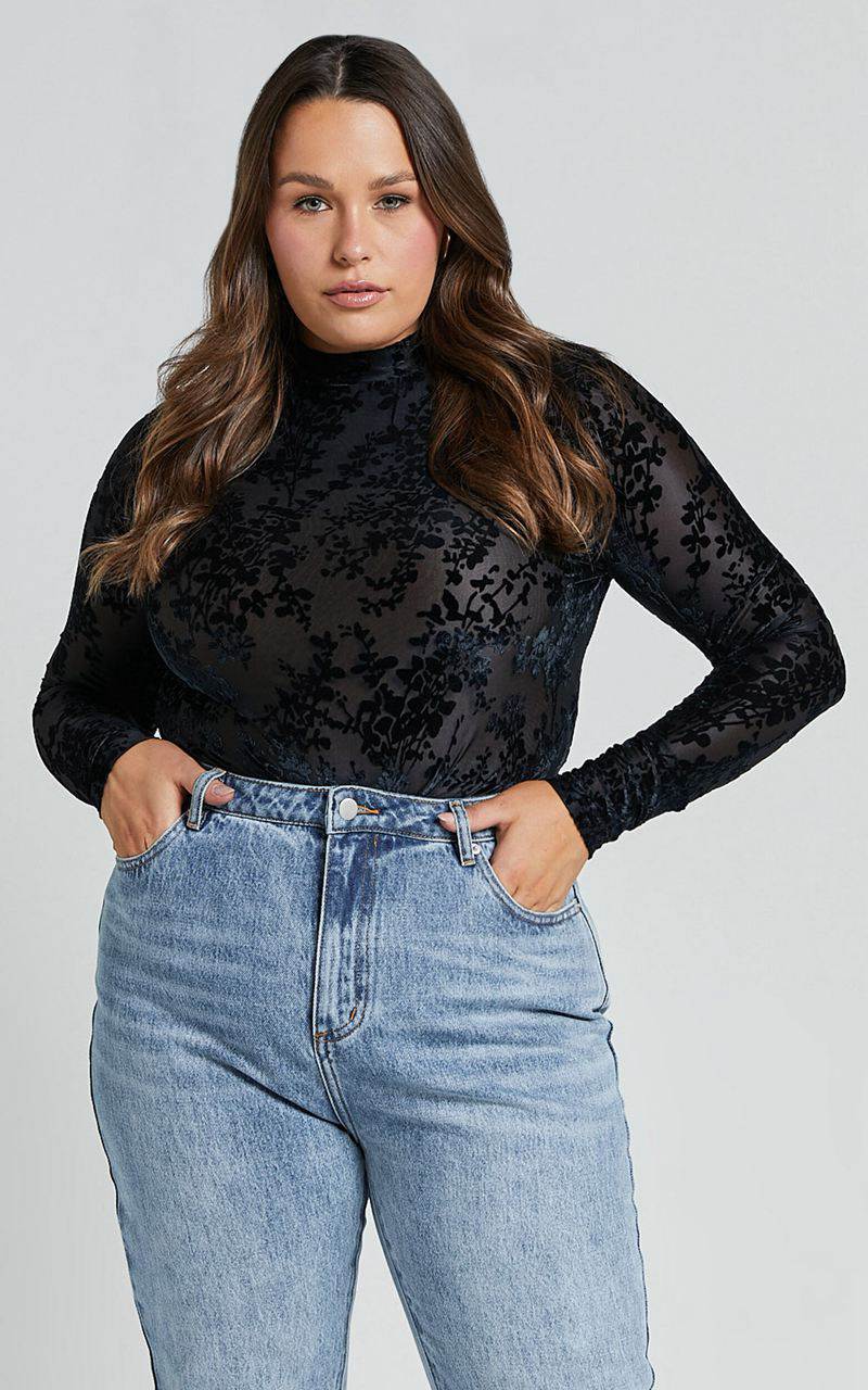 Showpo Laura Bodysuit - Longsleeve Velvet Burn Out Bodysuit Black Floral | MPCVXQ254