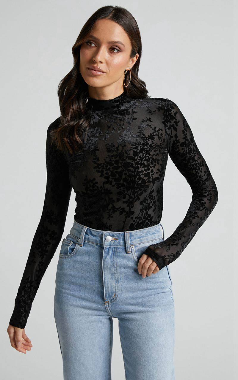 Showpo Laura Bodysuit - Longsleeve Velvet Burn Out Bodysuit Black Floral | MPCVXQ254