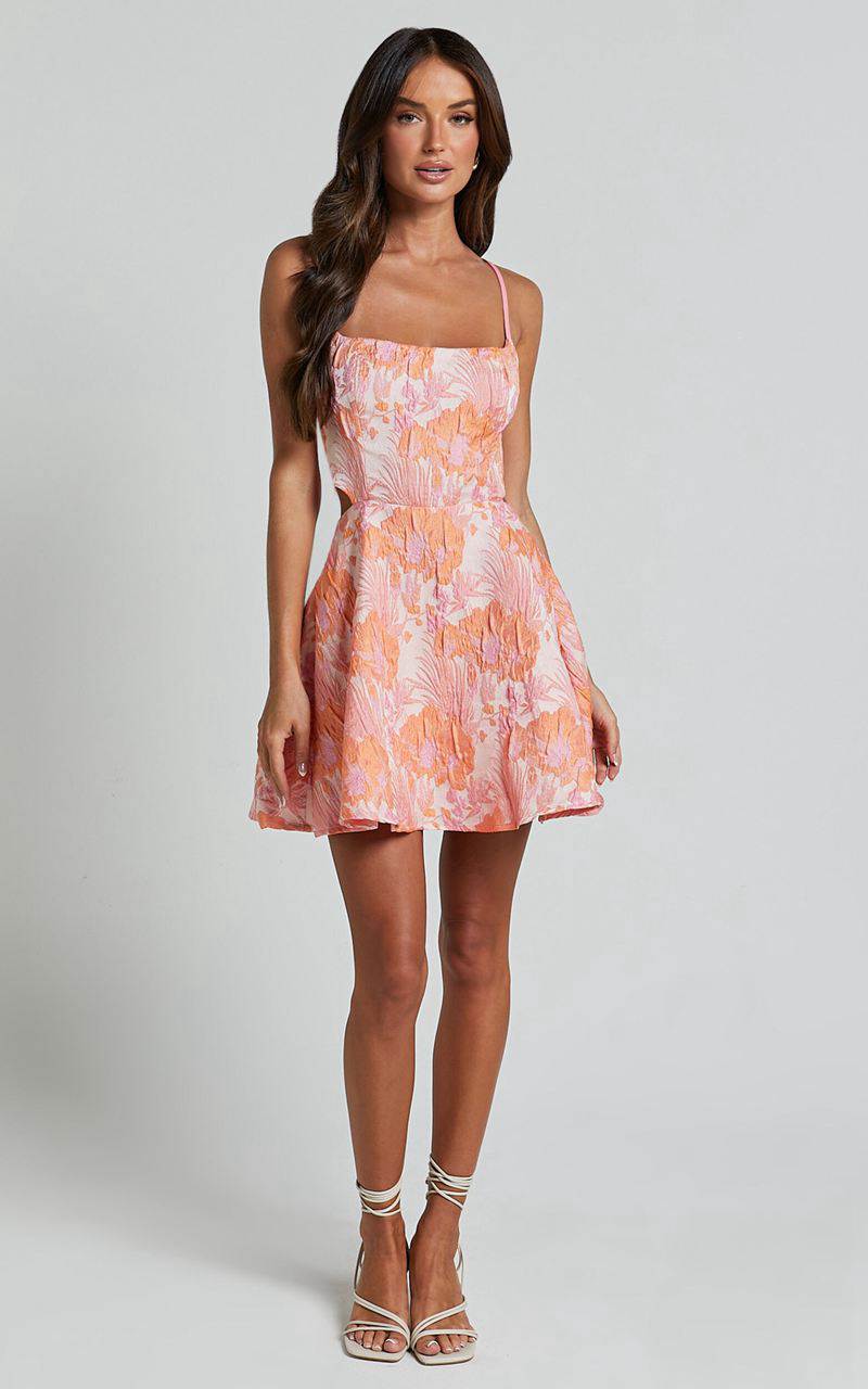 Showpo Lauraine Mini Dress - Strappy Straight Neck Back Cut Out Dress Pink And Orange Floral | GDYXHE198