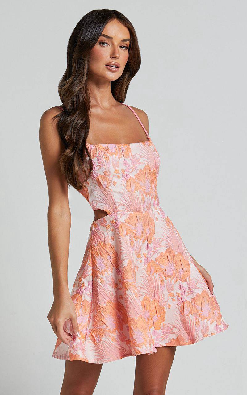 Showpo Lauraine Mini Dress - Strappy Straight Neck Back Cut Out Dress Pink And Orange Floral | GDYXHE198