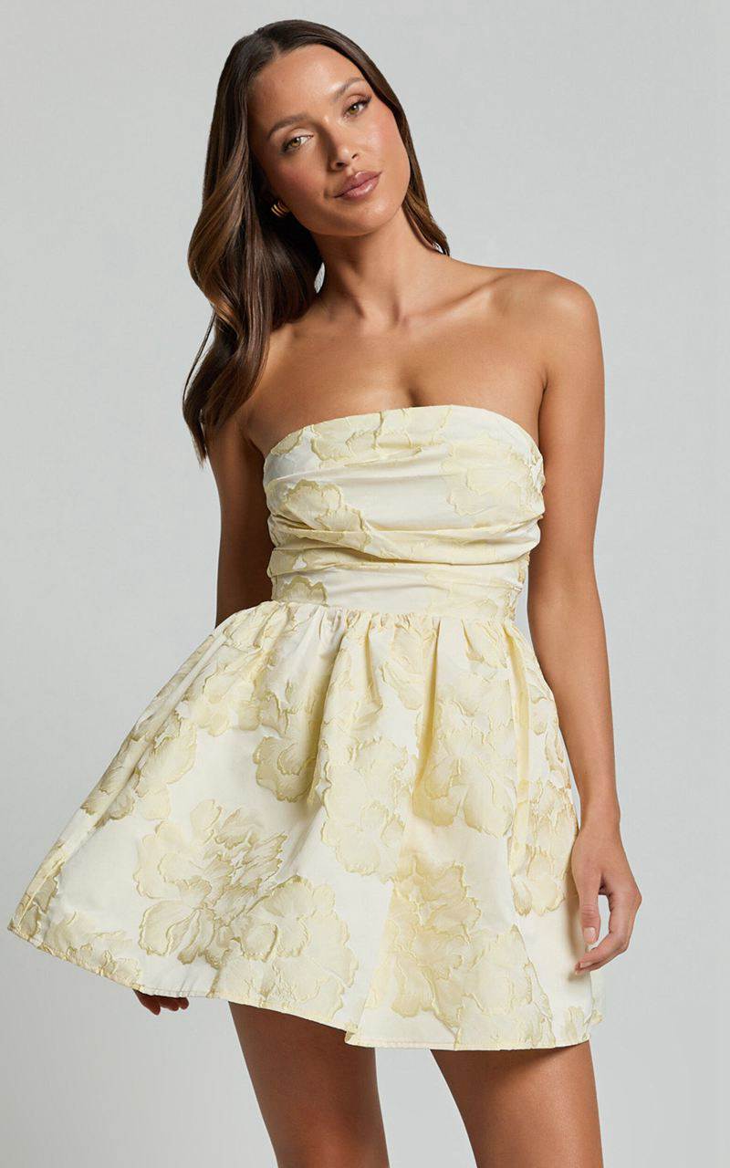 Showpo Laure Mini Dress - Strapless Jacquard Dress Lemon | FKPOXR614