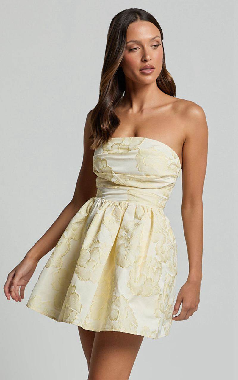 Showpo Laure Mini Dress - Strapless Jacquard Dress Lemon | FKPOXR614