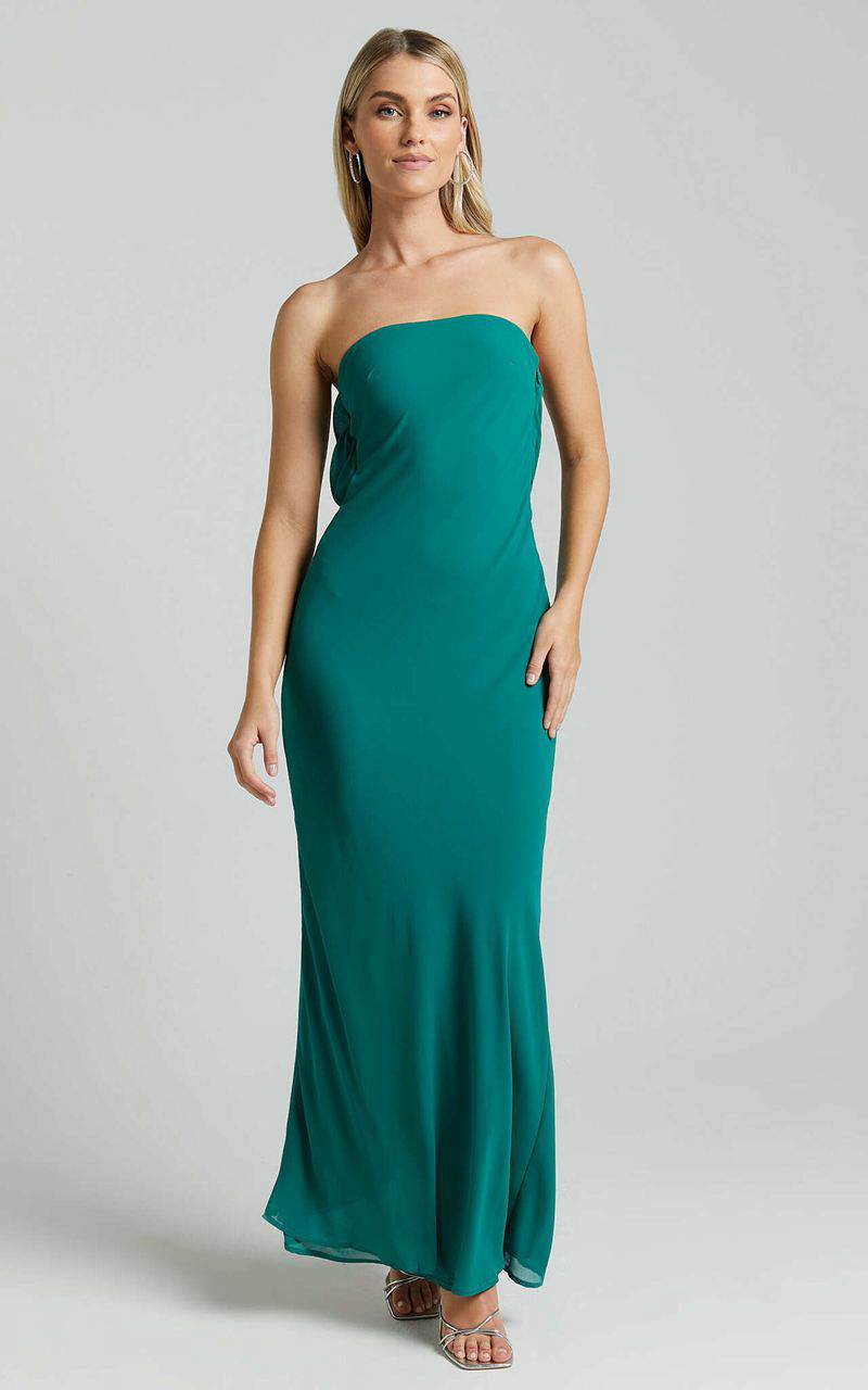 Showpo Laurelle Maxi Dress - Strapless Straight Neck Tie Back Cowl Slip Jade Green | PSUQVC810