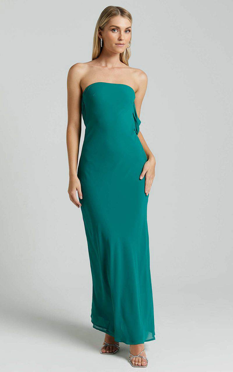 Showpo Laurelle Maxi Dress - Strapless Straight Neck Tie Back Cowl Slip Jade Green | PSUQVC810