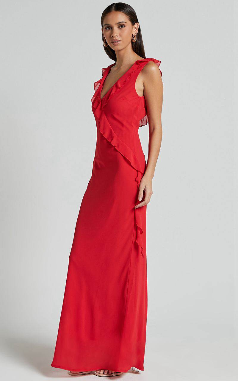 Showpo Laurie Midi Dress - Plunge Frill Detail Slip Dress Red | MZAYFG235