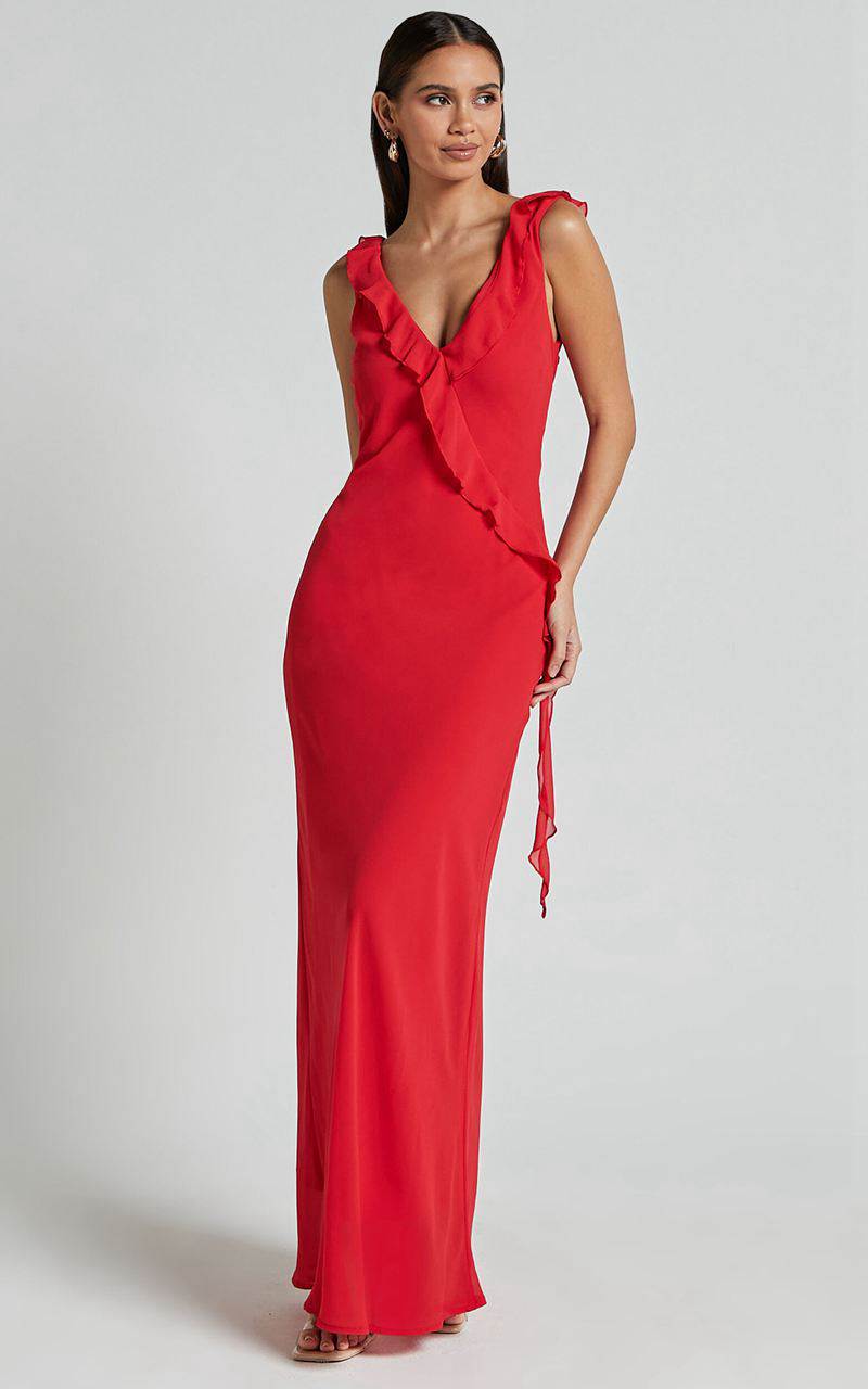 Showpo Laurie Midi Dress - Plunge Frill Detail Slip Dress Red | MZAYFG235