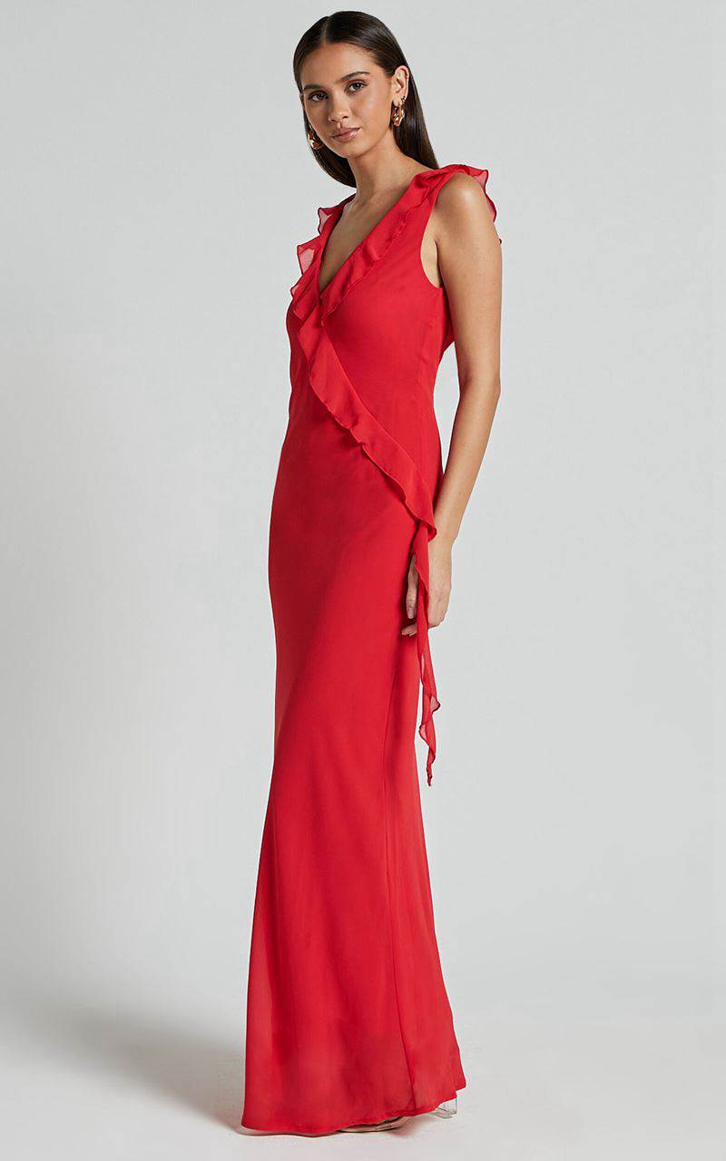 Showpo Laurie Midi Dress - Plunge Frill Detail Slip Dress Red | MZAYFG235