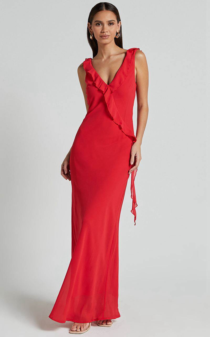 Showpo Laurie Midi Dress - Plunge Frill Detail Slip Dress Red | MZAYFG235