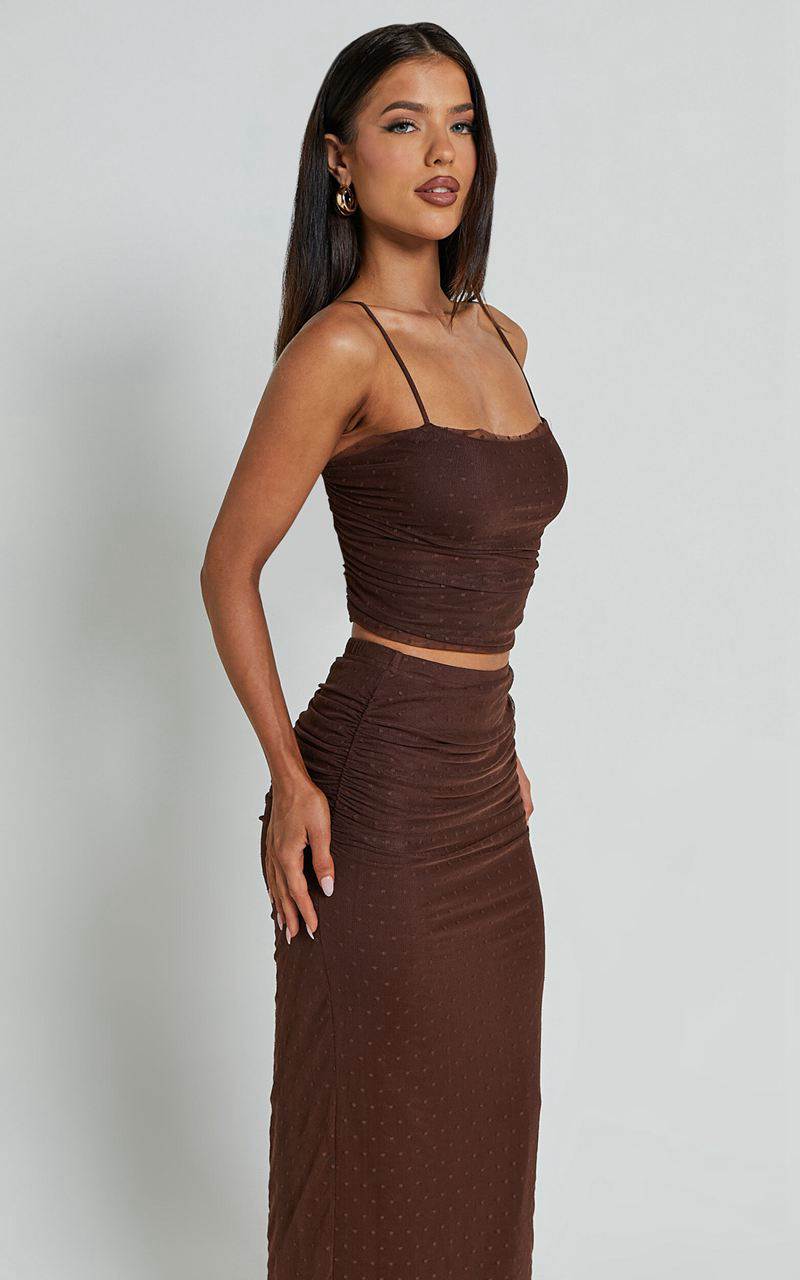 Showpo Layla Two Piece Set - Ruched Crop Top And Midi Skirt Mesh Set Chocolate Brown | QWYVCT150