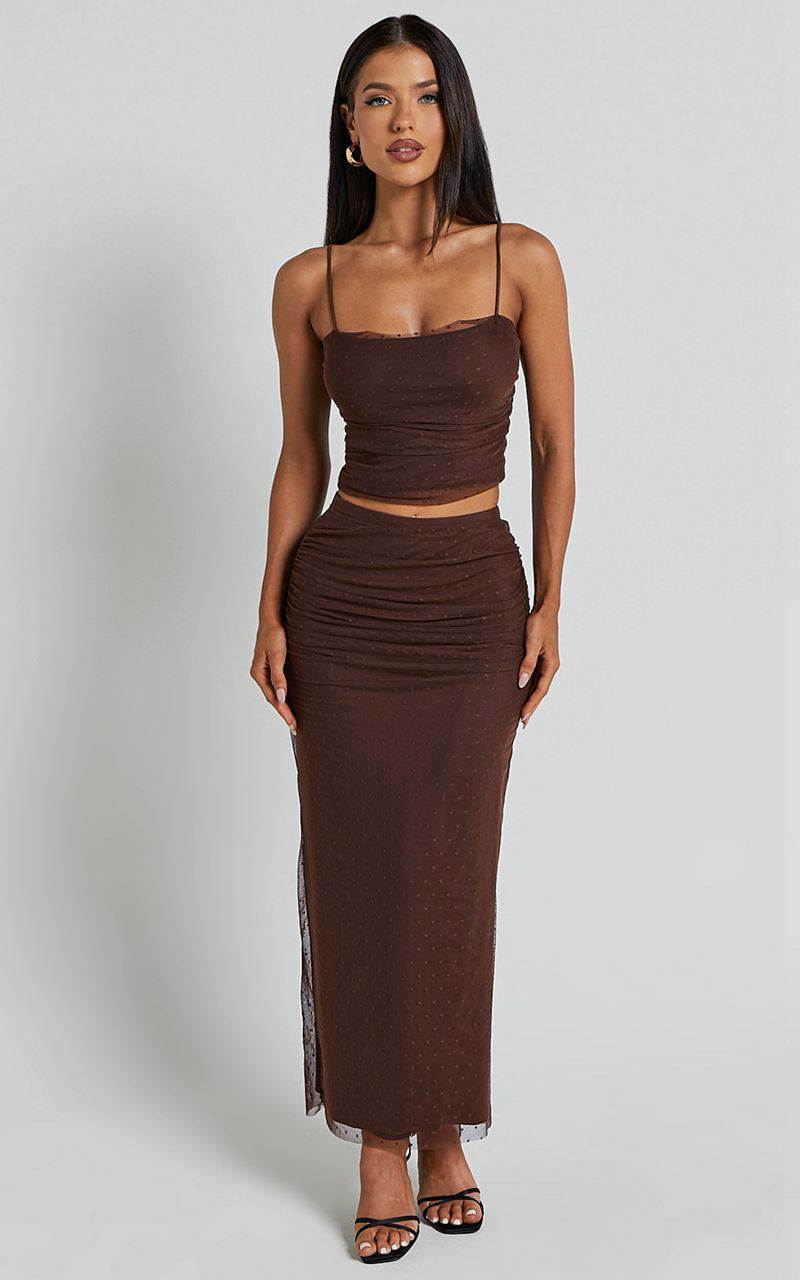 Showpo Layla Two Piece Set - Ruched Crop Top And Midi Skirt Mesh Set Chocolate Brown | QWYVCT150