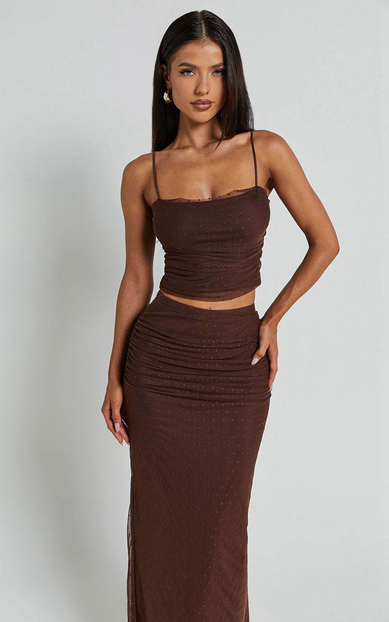 Showpo Layla Two Piece Set - Ruched Crop Top And Midi Skirt Mesh Set Chocolate Brown | QWYVCT150