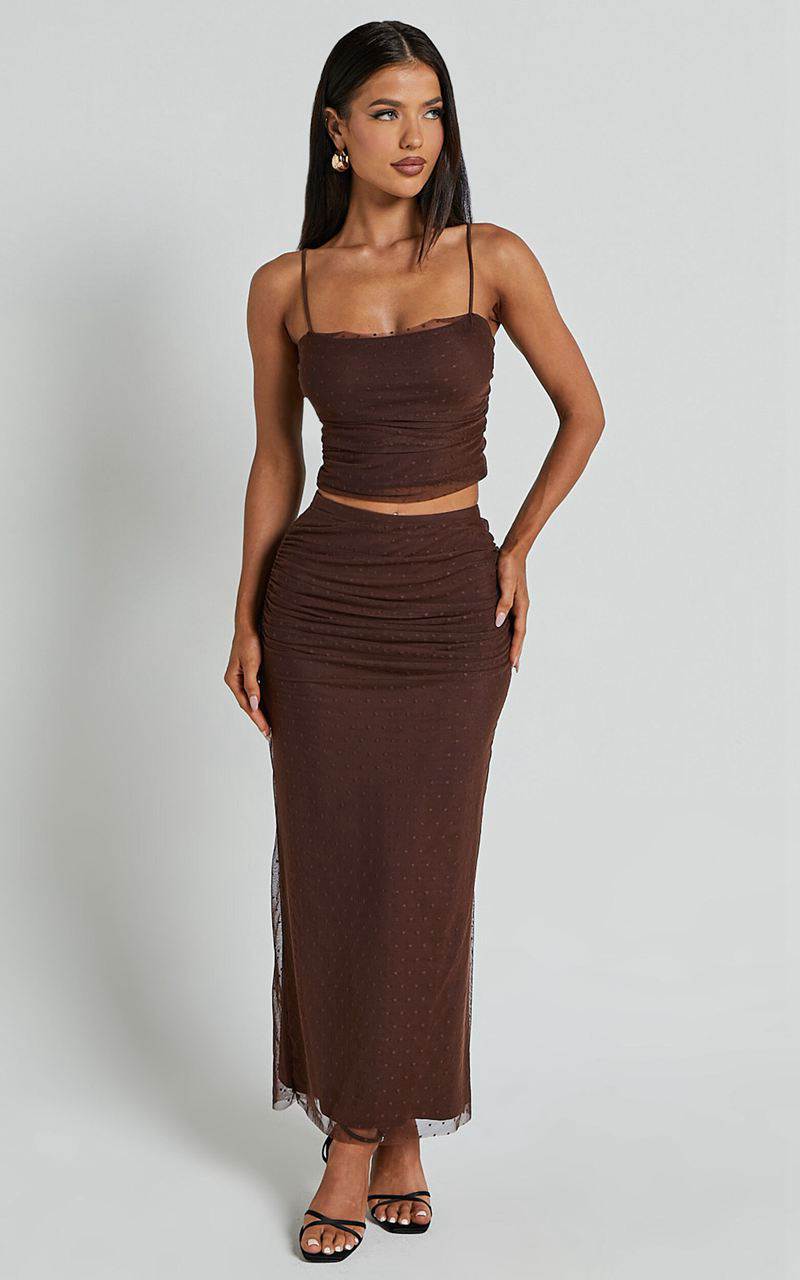 Showpo Layla Two Piece Set - Ruched Crop Top And Midi Skirt Mesh Set Chocolate Brown | QWYVCT150