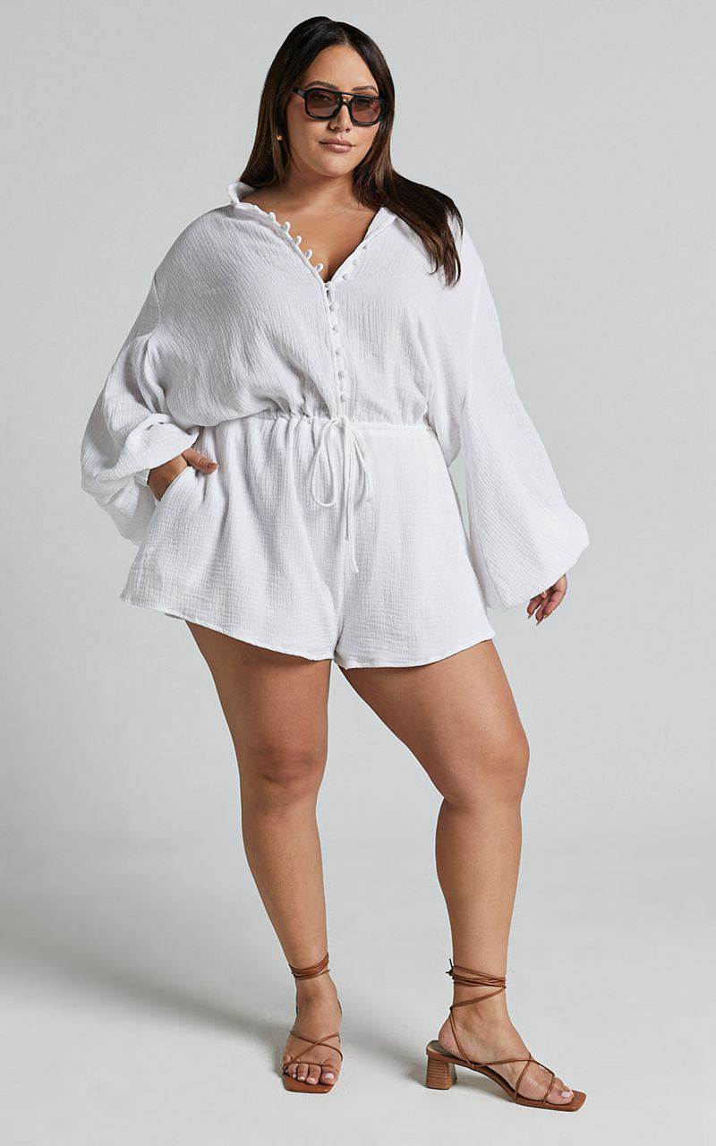 Showpo Laylani Playsuit - V Neck Puff Sleeve White | SCRFAH347