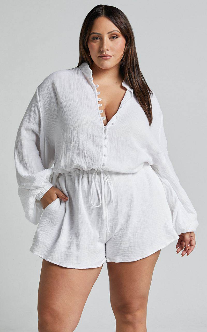 Showpo Laylani Playsuit - V Neck Puff Sleeve White | SCRFAH347