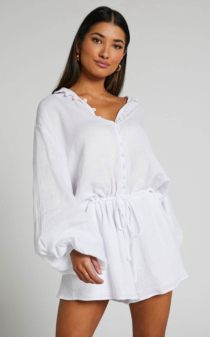 Showpo Laylani Playsuit - V Neck Puff Sleeve White | SCRFAH347