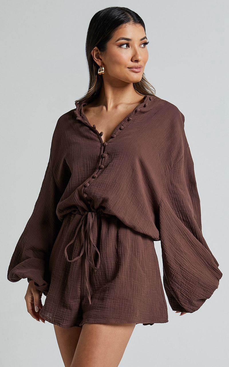 Showpo Laylani Playsuit - V Neck Puff Sleeve Chocolate | ANKOUI310