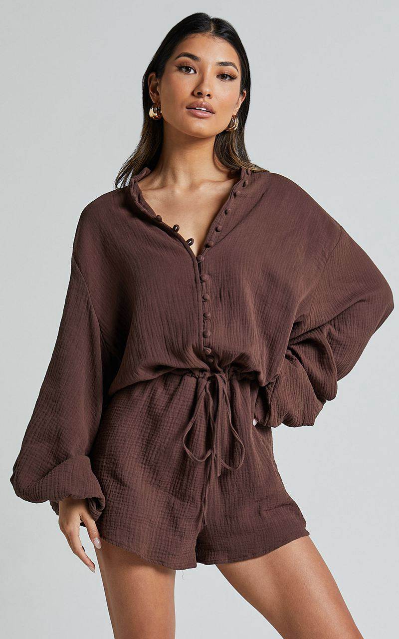 Showpo Laylani Playsuit - V Neck Puff Sleeve Chocolate | ANKOUI310