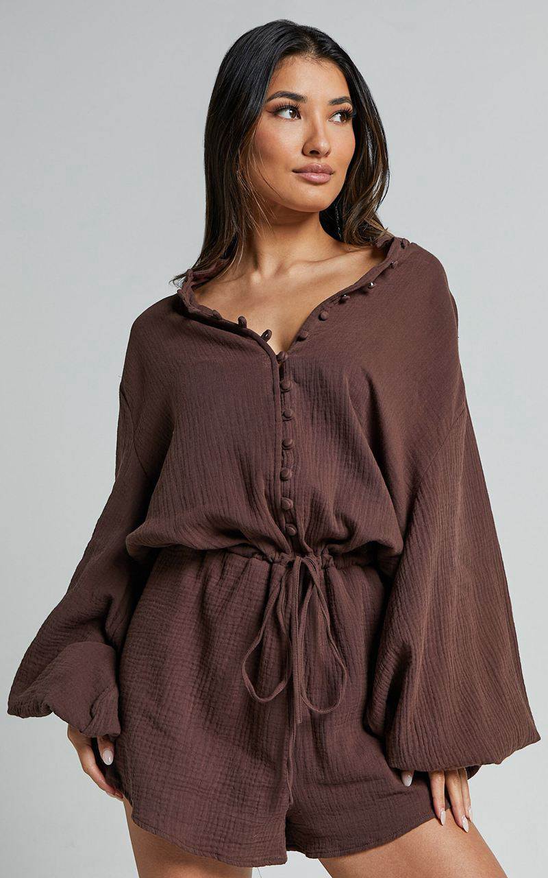 Showpo Laylani Playsuit - V Neck Puff Sleeve Chocolate | ANKOUI310