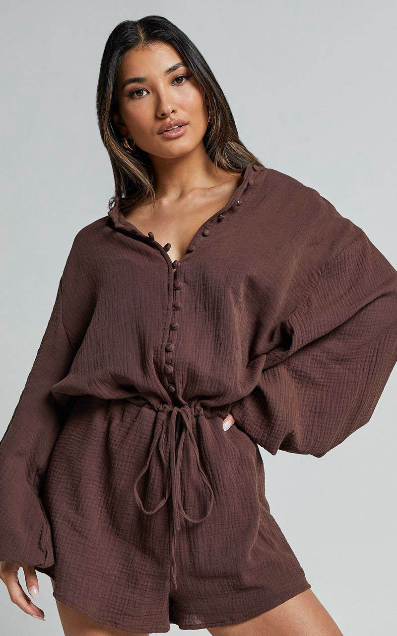 Showpo Laylani Playsuit - V Neck Puff Sleeve Chocolate | ANKOUI310