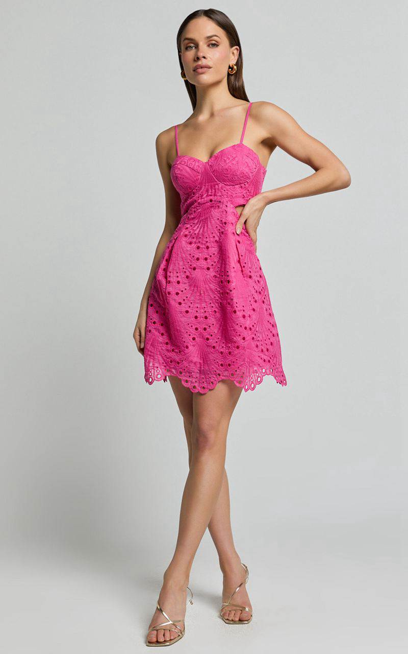 Showpo Layne Mini Dress - Strappy Cut Out Embroidered Dress Pink | KVWGBN395