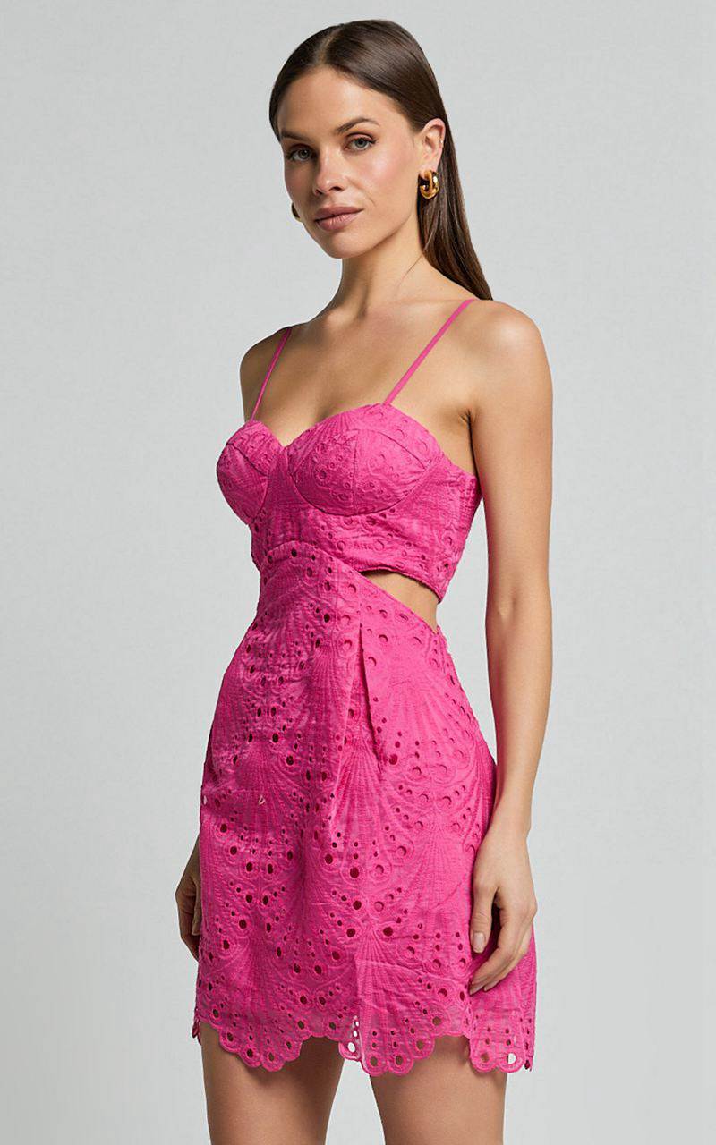 Showpo Layne Mini Dress - Strappy Cut Out Embroidered Dress Pink | KVWGBN395