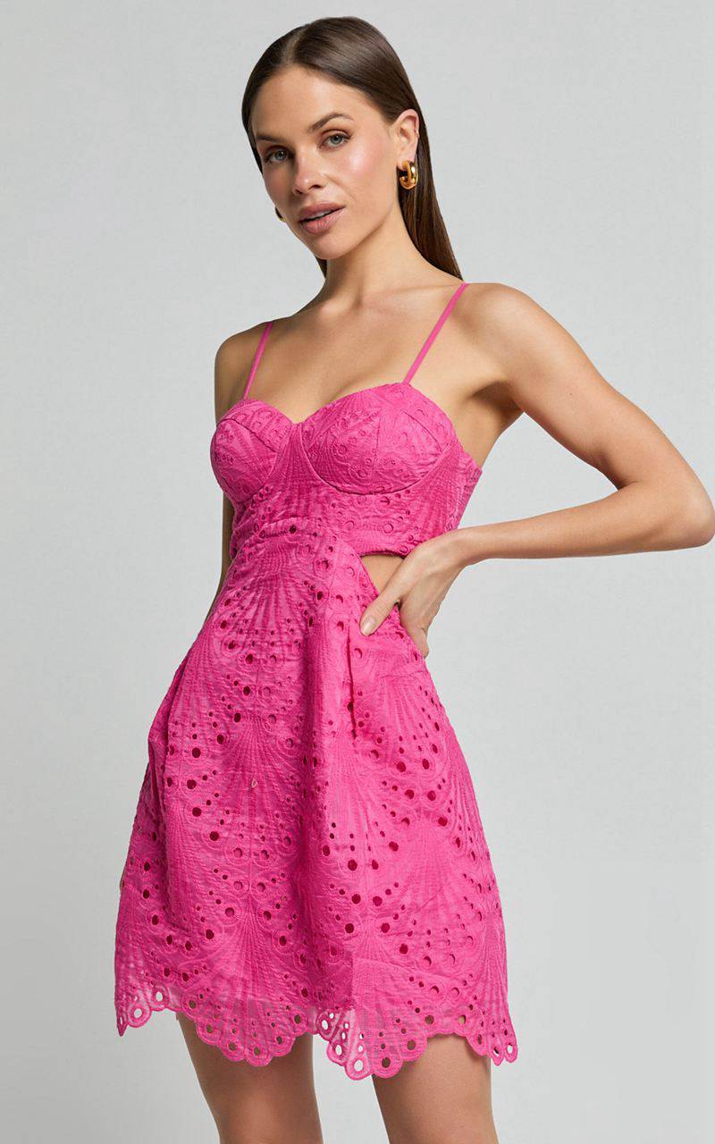 Showpo Layne Mini Dress - Strappy Cut Out Embroidered Dress Pink | KVWGBN395