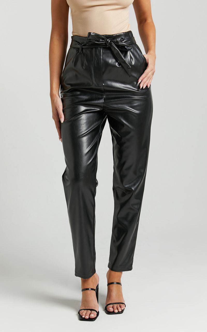 Showpo Layton Pants - Paper Bag Waist Faux Leather Pants Black | SCNHUX183