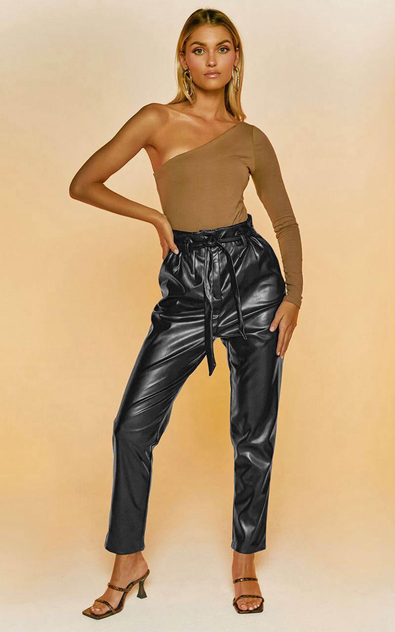 Showpo Layton Pants - Paper Bag Waist Faux Leather Pants Black | SCNHUX183