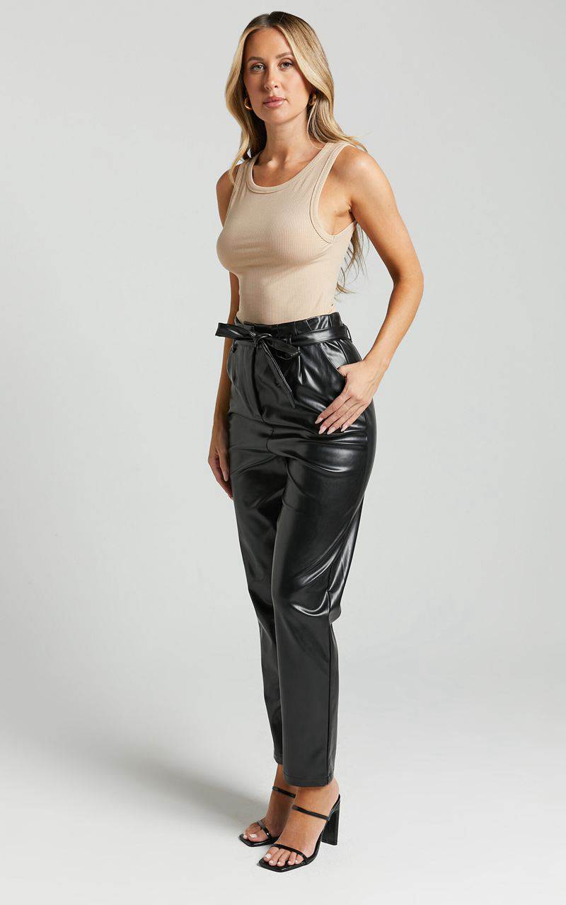 Showpo Layton Pants - Paper Bag Waist Faux Leather Pants Black | SCNHUX183