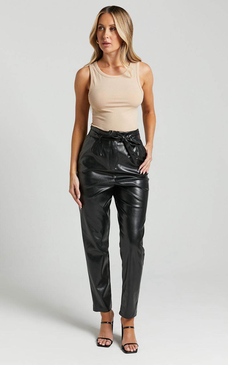 Showpo Layton Pants - Paper Bag Waist Faux Leather Pants Black | SCNHUX183