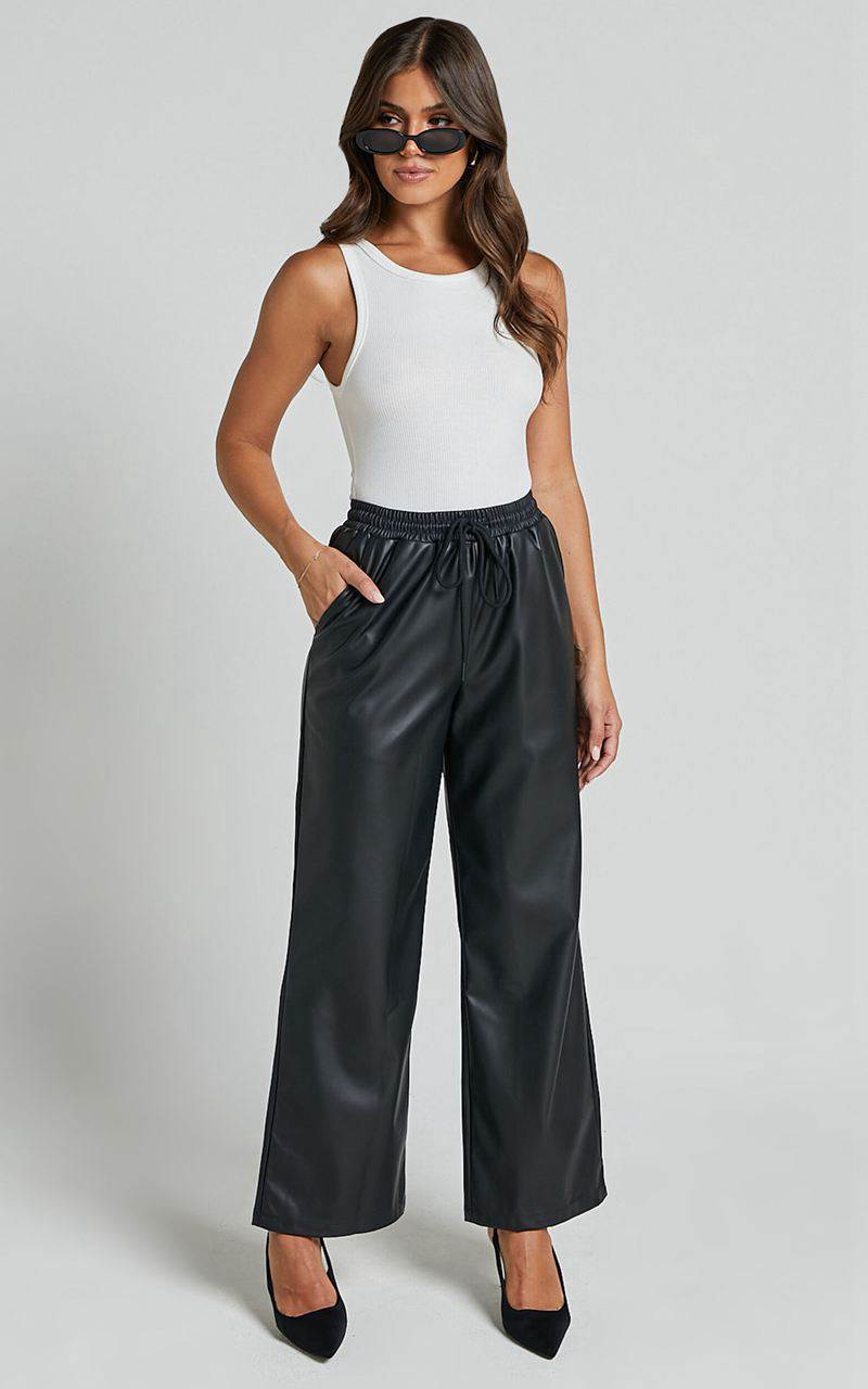 Showpo Leah Pants - High Waist Drawstring Faux Leather Pants Black | QULTVI576