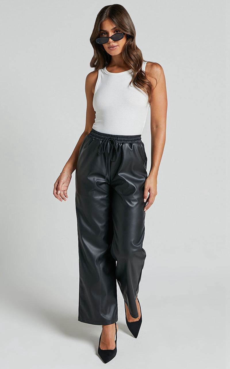 Showpo Leah Pants - High Waist Drawstring Faux Leather Pants Black | QULTVI576